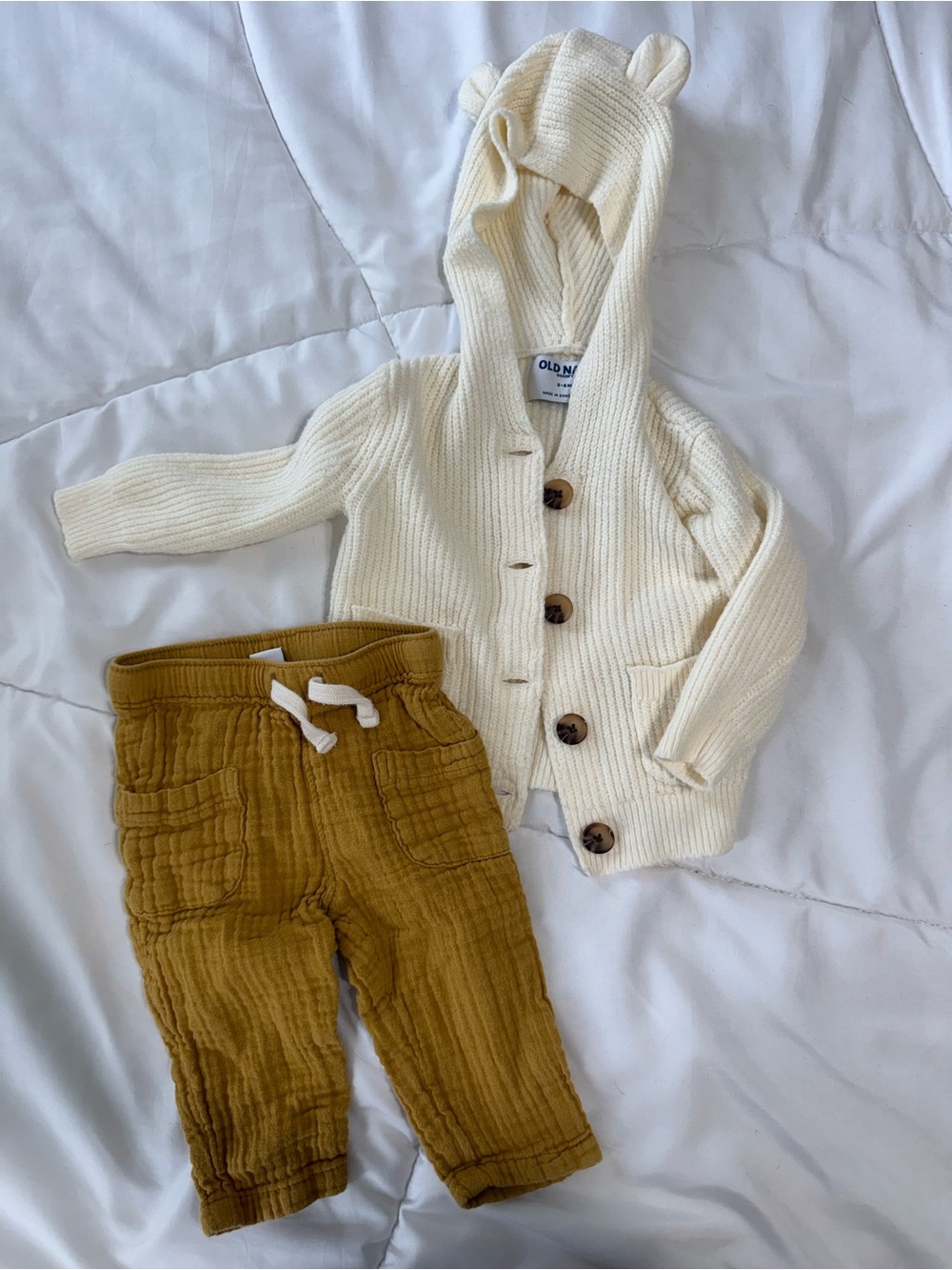 Old Navy Cream Knit Baby Hooded Cardigan with Ear Accents & drawstring pants